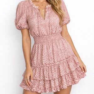 Buddy Love Pink Textured Tiered Ruffle Mini Dress Puff Sleeve Boho Small